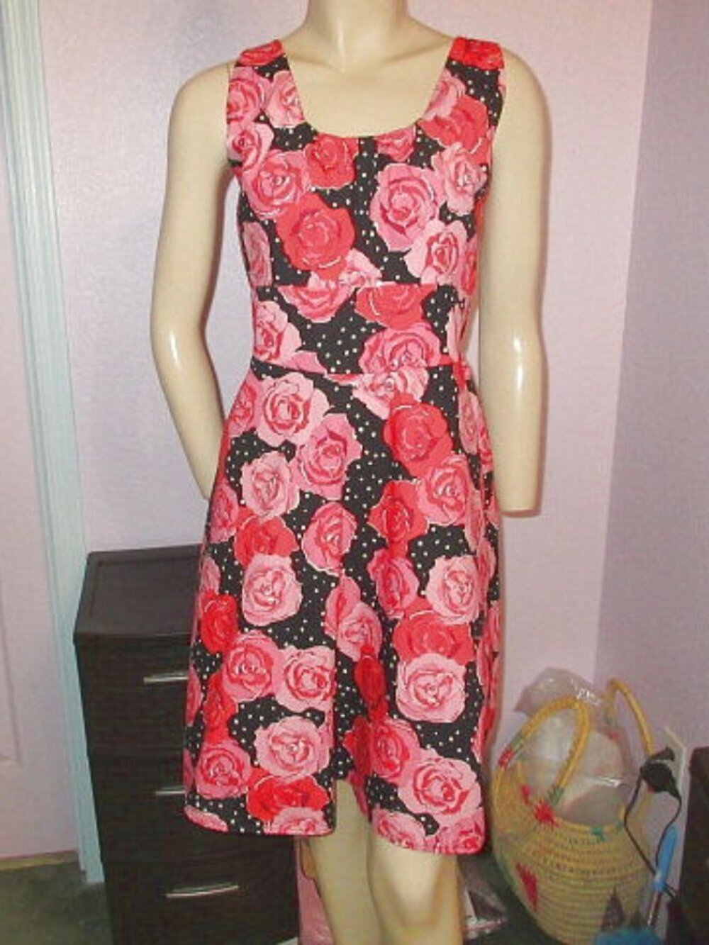 Vtg 50s Style Floral Dress Size M Swing Fit & Flare Polka Dot Rockabilly Tradwif